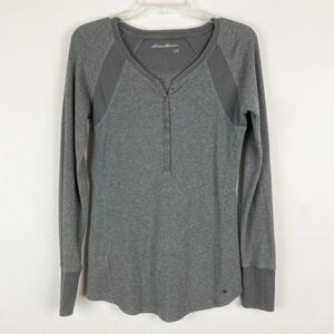 Eddie Bauer Henley Top Women M Gray Waffle Knit Raglan Sleeve Thermal